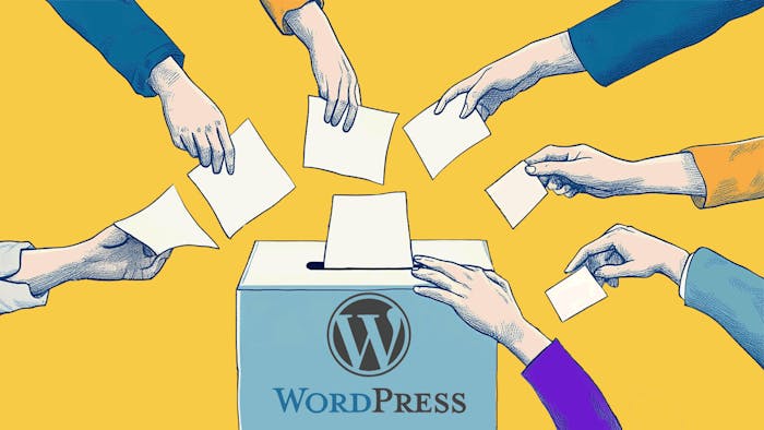 Numerous hands reach to stuff ballots into a ballot box with the WordPress logo over it.