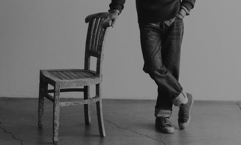 fit model posing in The Straight Jean in Mid Wash Organic Selvedge