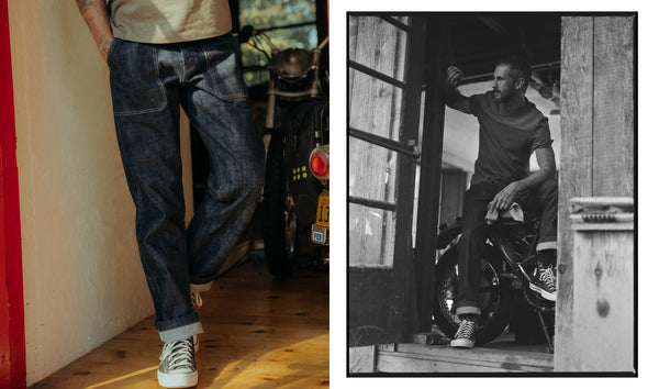 fit model wearing The Mariner Jean in Rigid Organic Selvedge