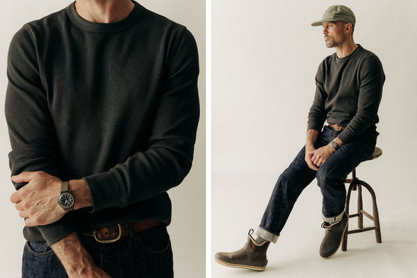 fit model posing in The Organic Cotton Crew in Coal Waffle