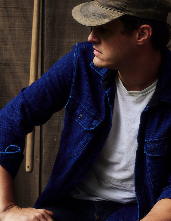 Matt Byrd posing in The Division Shirt in Rinsed Indigo Sashiko