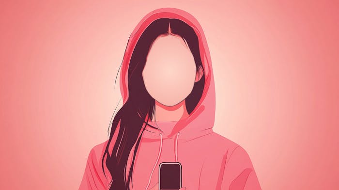 Silhouette of a woman in a hoodie with her phone's camera pointed away from her, and her face devoid of any features