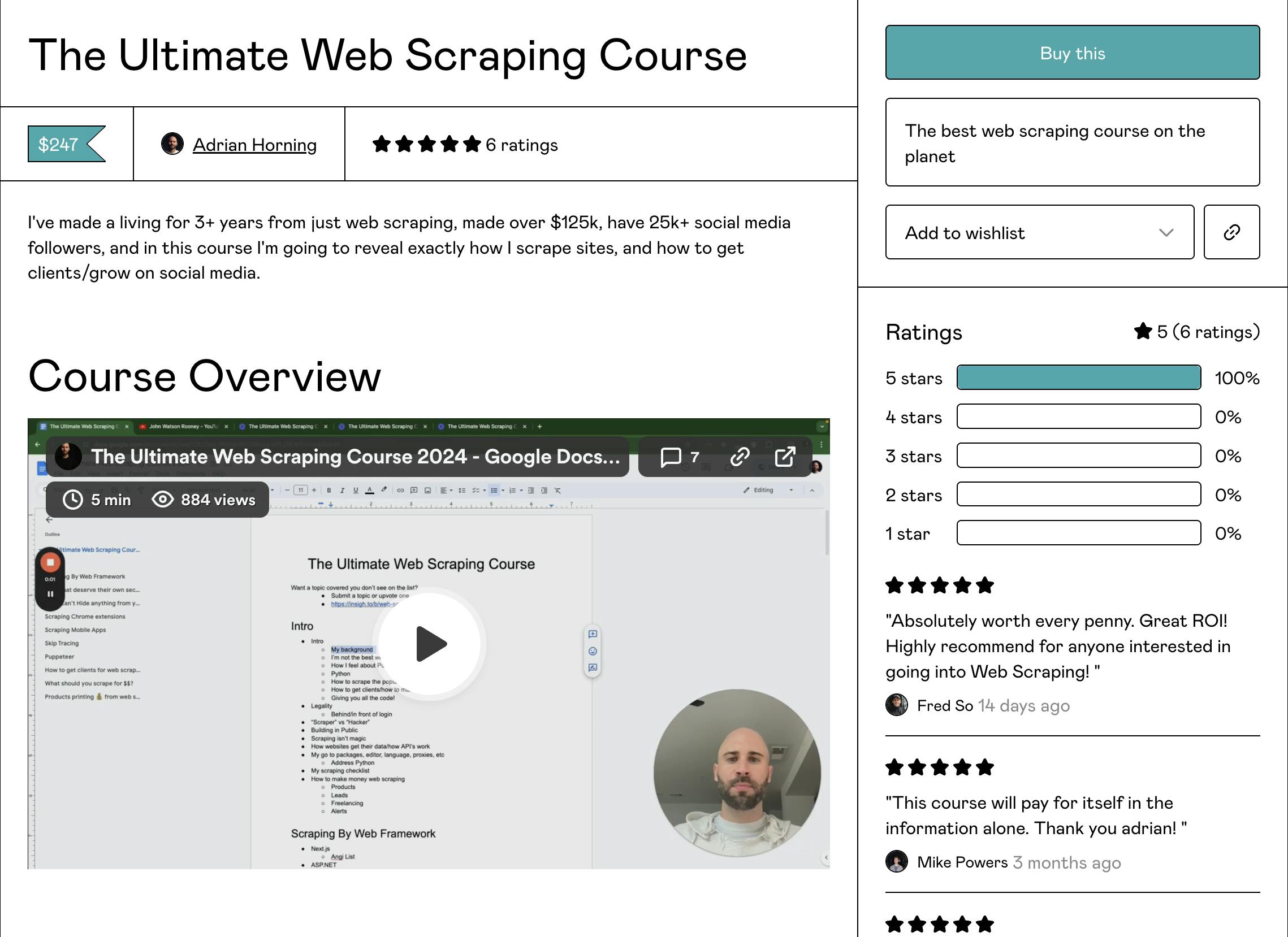 The Gumroad page for Adrian's course, showing the $247 price tag, a video where he explains the course, and a few 5-star testimonials from customers