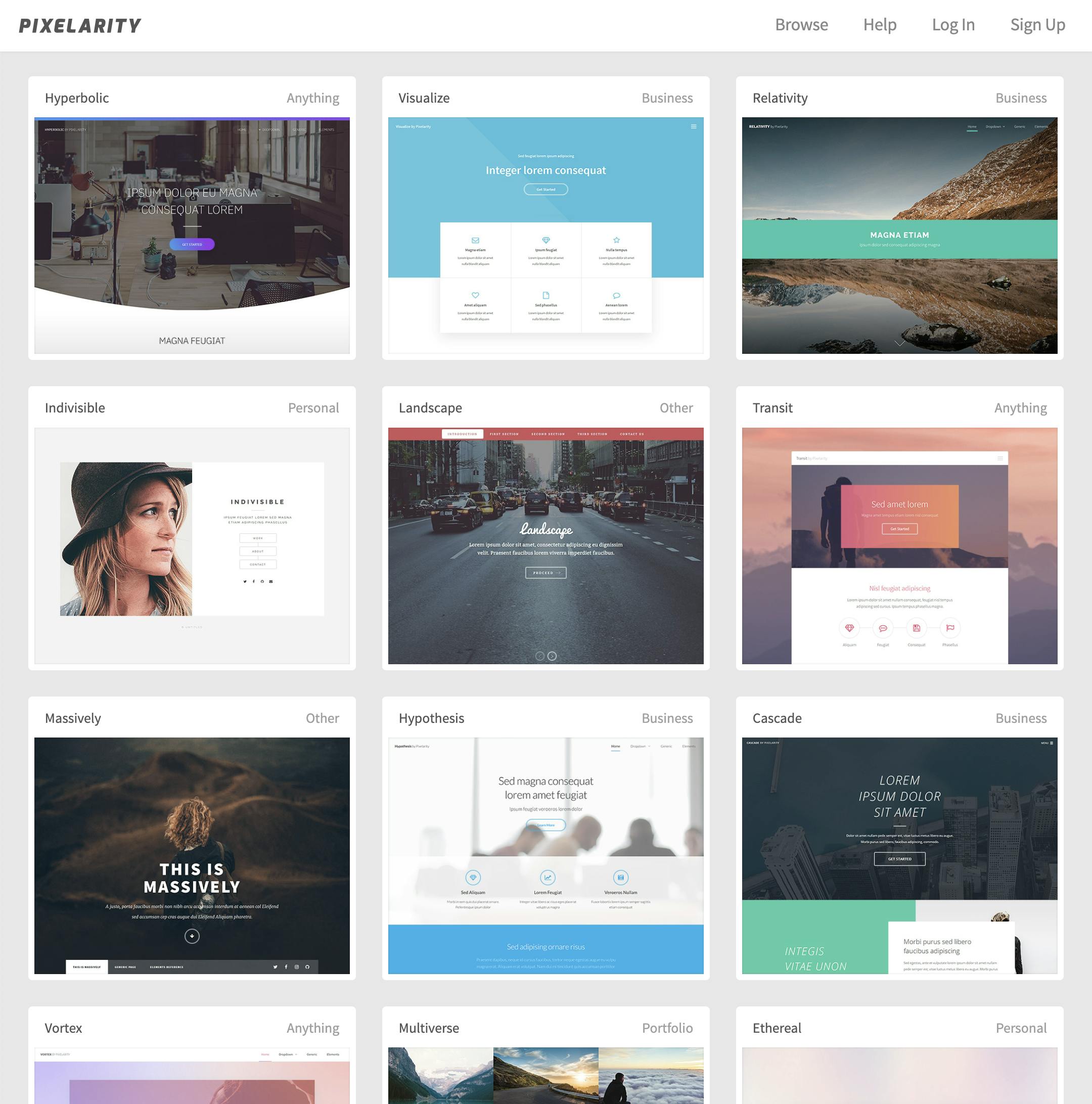 Pixelarity homepage, showing a grid of well-designed website templates that users can choose from