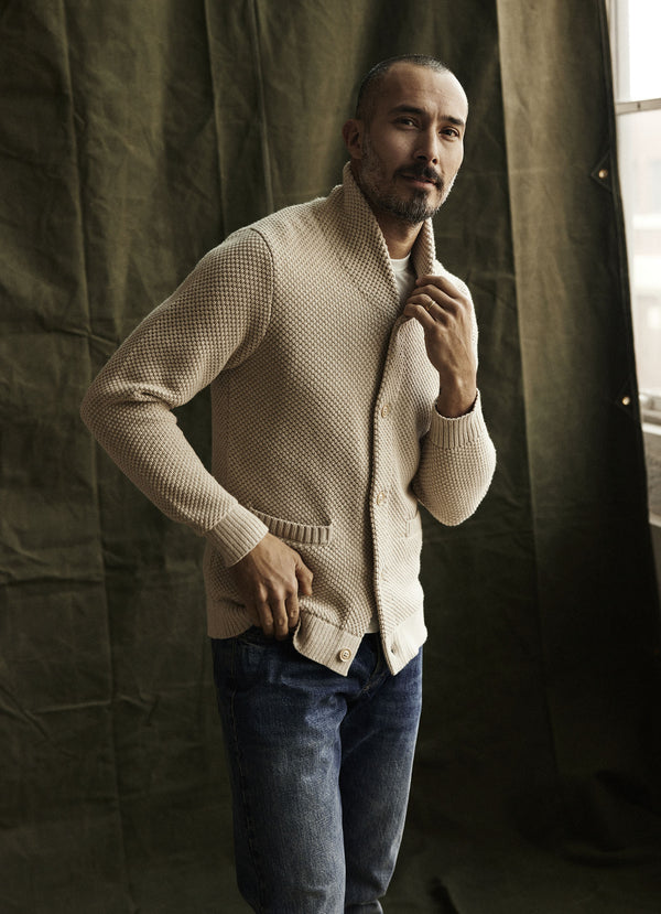 Model wearing The Crawford Sweater in Marled Natural