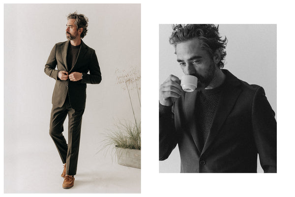 fit model posing in The Stevens Sportcoat and Trouser in Coffee Herringbone Linen