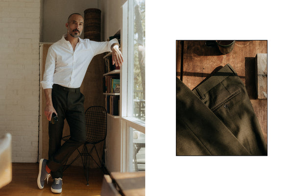 fit model wearing The Stevens Trouser in Slate Herringbone Wool