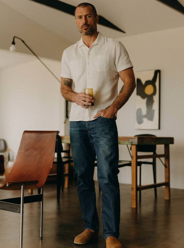 Model wearing The Conrad Shirt in Vintage White Linen