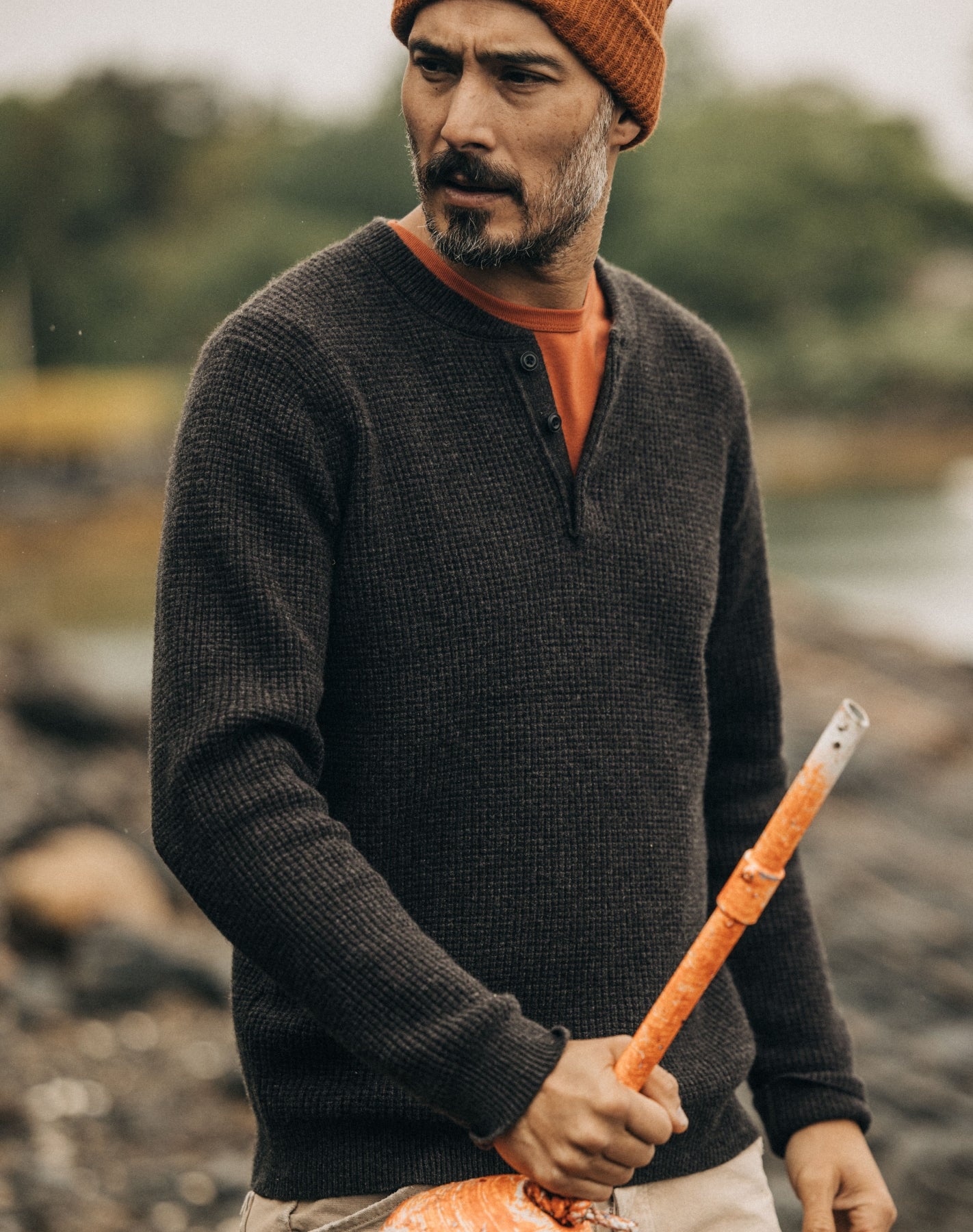 Model wearing The Sidecountry Sweater in Coffee Heather Waffle Merino