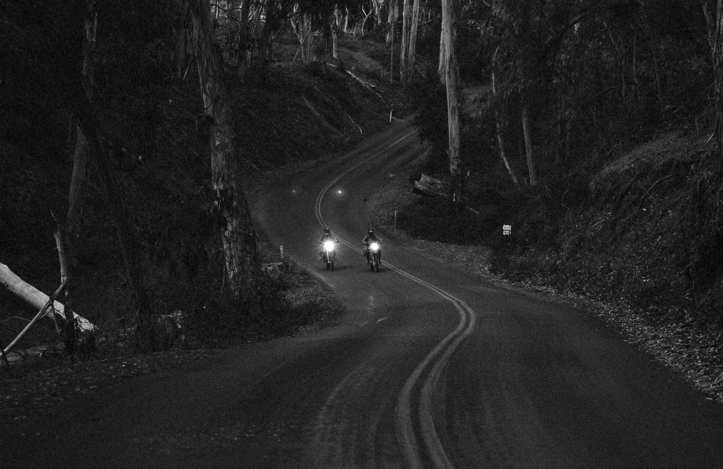 Two Wilderness Collective members riding at night